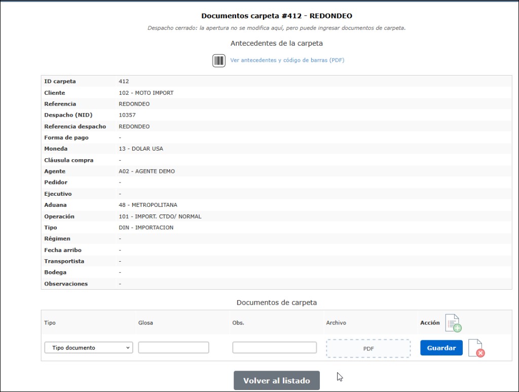 Pantalla Documentos carpeta: antecedentes de la carpeta y grilla para adjuntar PDF con tipo, glosa, observaciones y bot&oacute;n Guardar