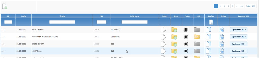 Listado de apertura de carpeta: columnas ID, Fecha, Cliente, NID, Referencia y acciones Editar, Documentos, Antecedentes, ZIP, Duplicar, Notas y Opciones CDE