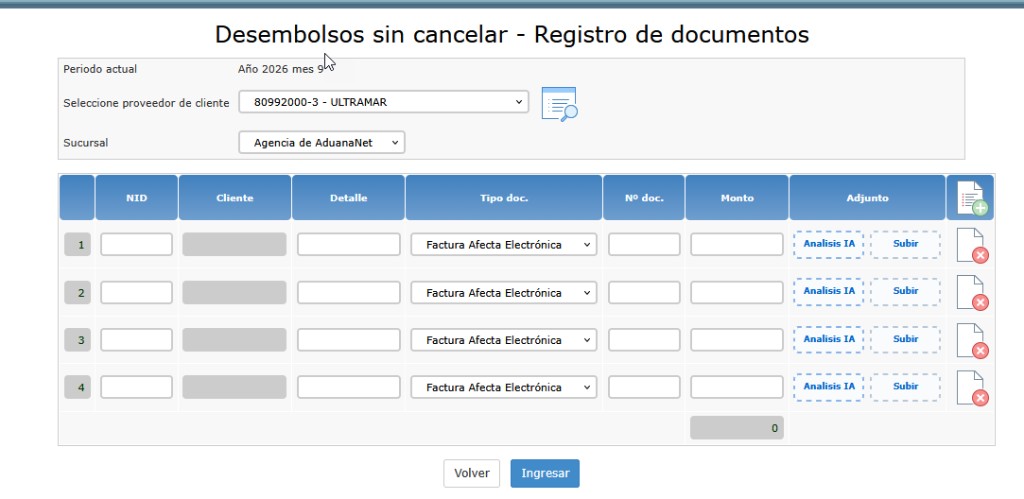 Pantalla Registro de documentos: proveedor, sucursal y grilla multil&iacute;nea con NID, tipo de documento, monto y adjuntos (An&aacute;lisis IA / Subir)
