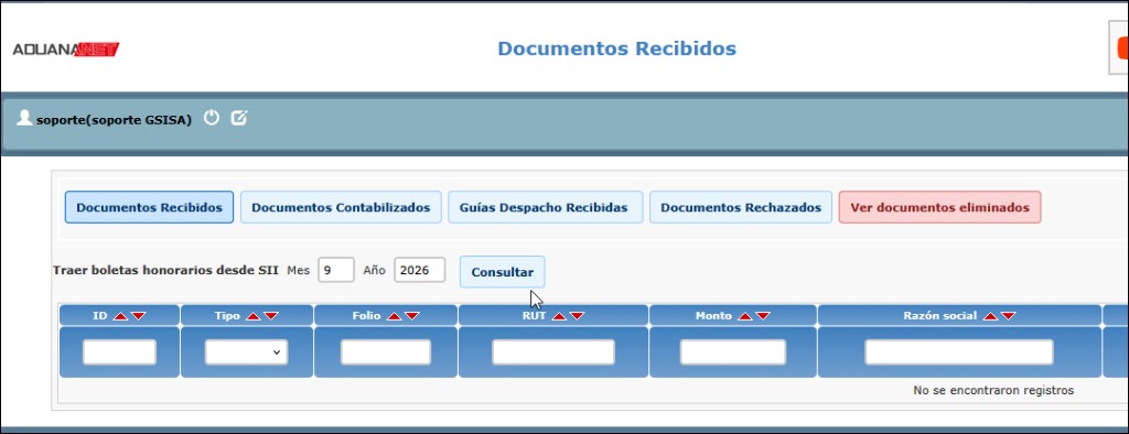 Pantalla de Documentos Recibidos con la botonera de cinco botones: Documentos Recibidos, Documentos Contabilizados, Guías Despacho Recibidas, Documentos Rechazados y Ver documentos eliminados